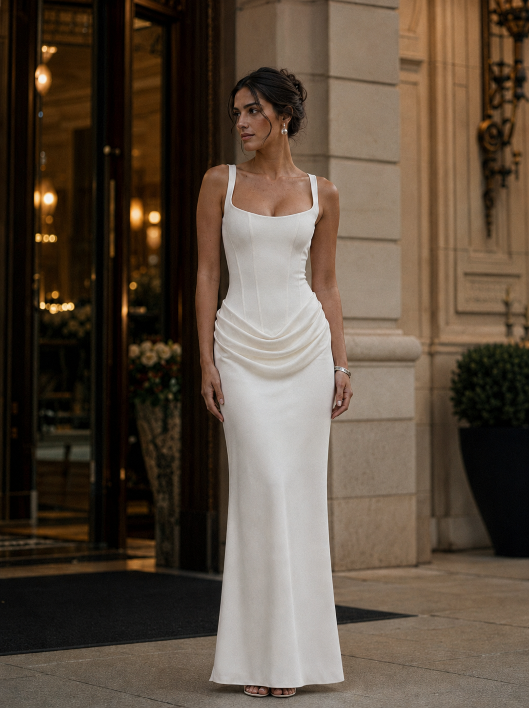 Woman wearing black draped corset satin evening maxi dress with square neckline, standing outside an elegant hotel entrance