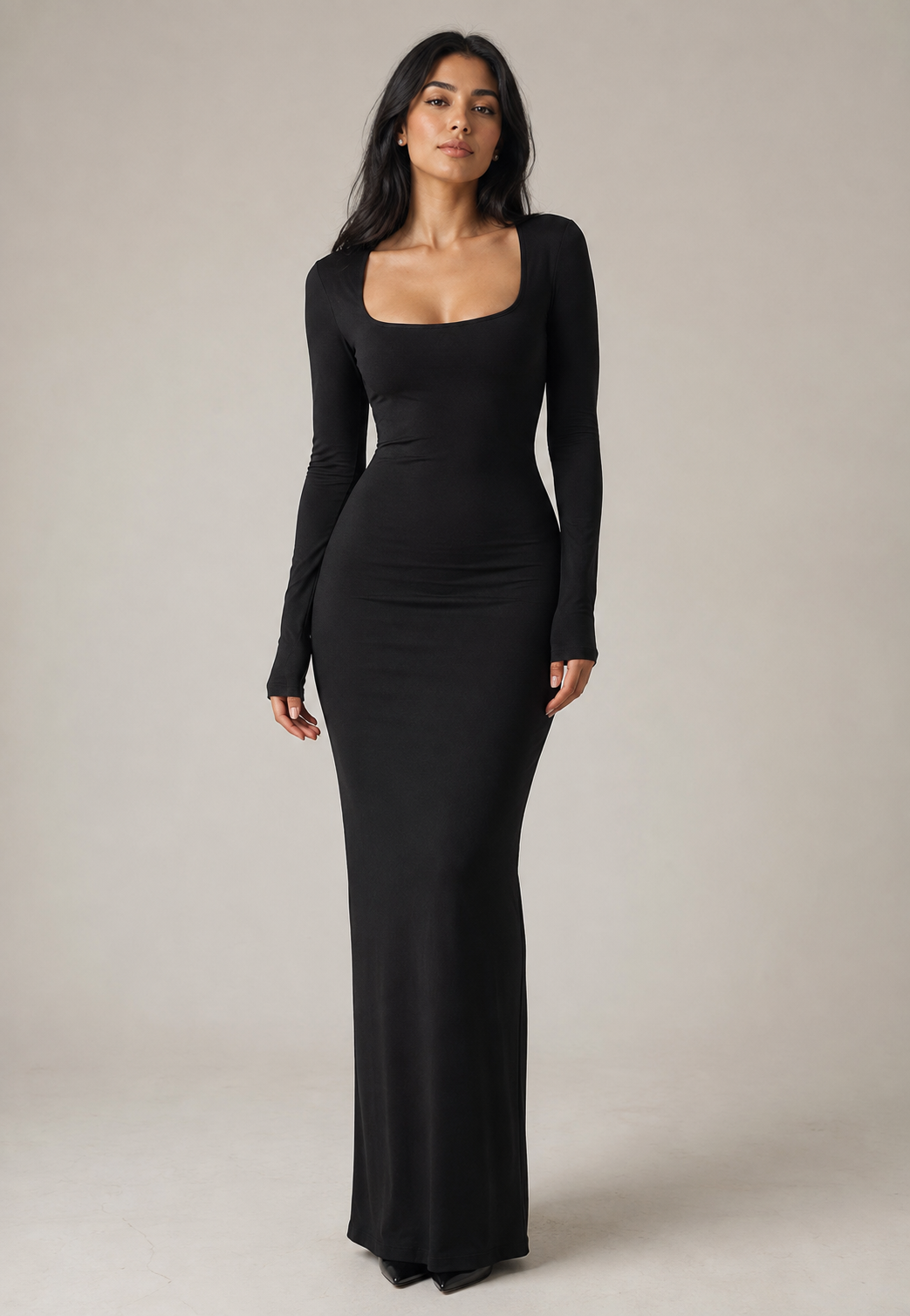 Woman wearing chocolate brown long sleeve square neck bodycon maxi dress